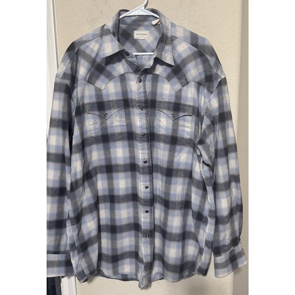 Mens Stetson Western Shirt 2XL Pearl Snap Plaid Long Sleeve Gray Flannel - Picture 1 of 8